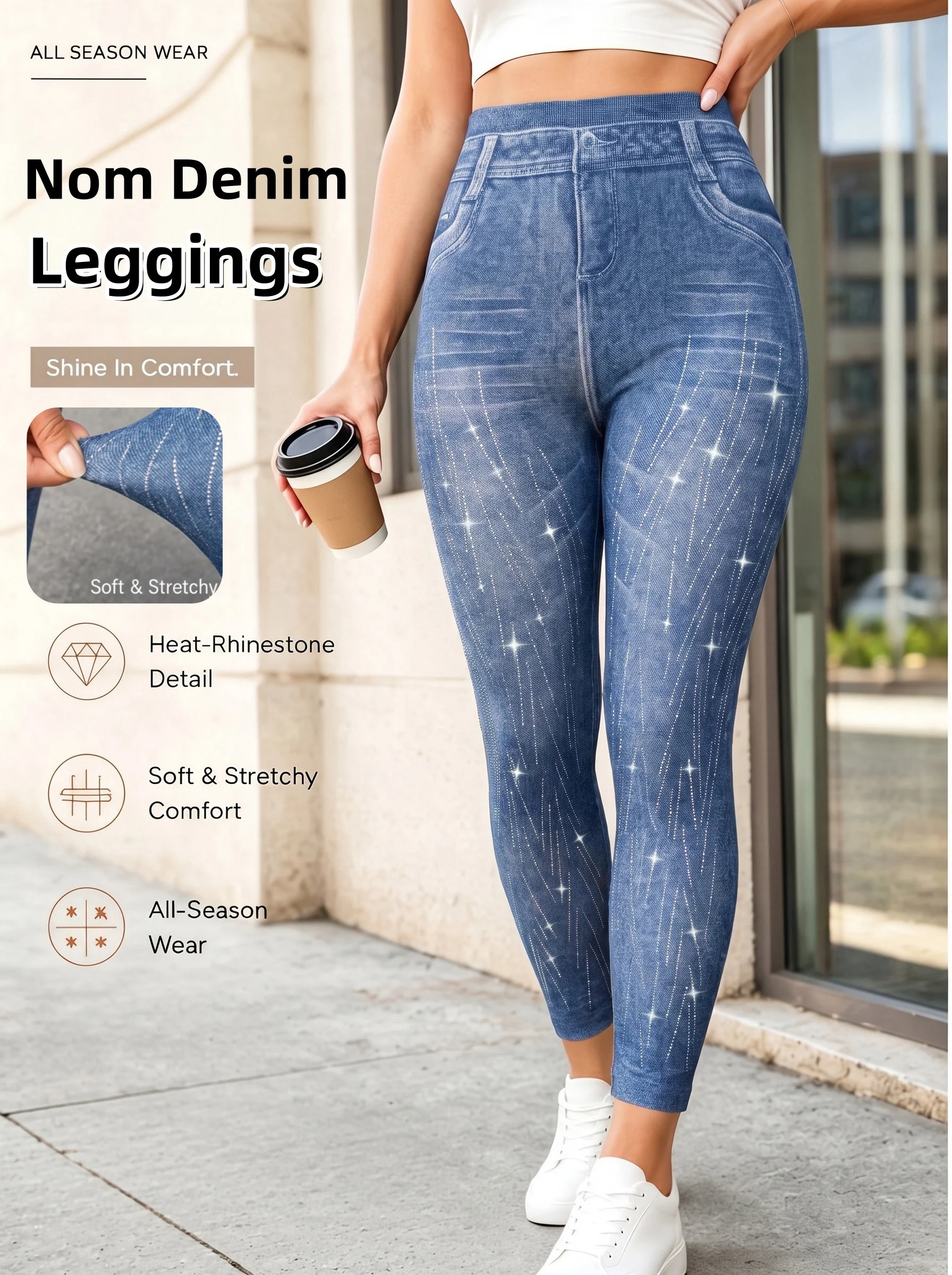 Women's Reddish Brown Vertical Striped Faux Denim Print Ankle Leggings Retro Stretch Pants for Dates City Visits Street Wear
