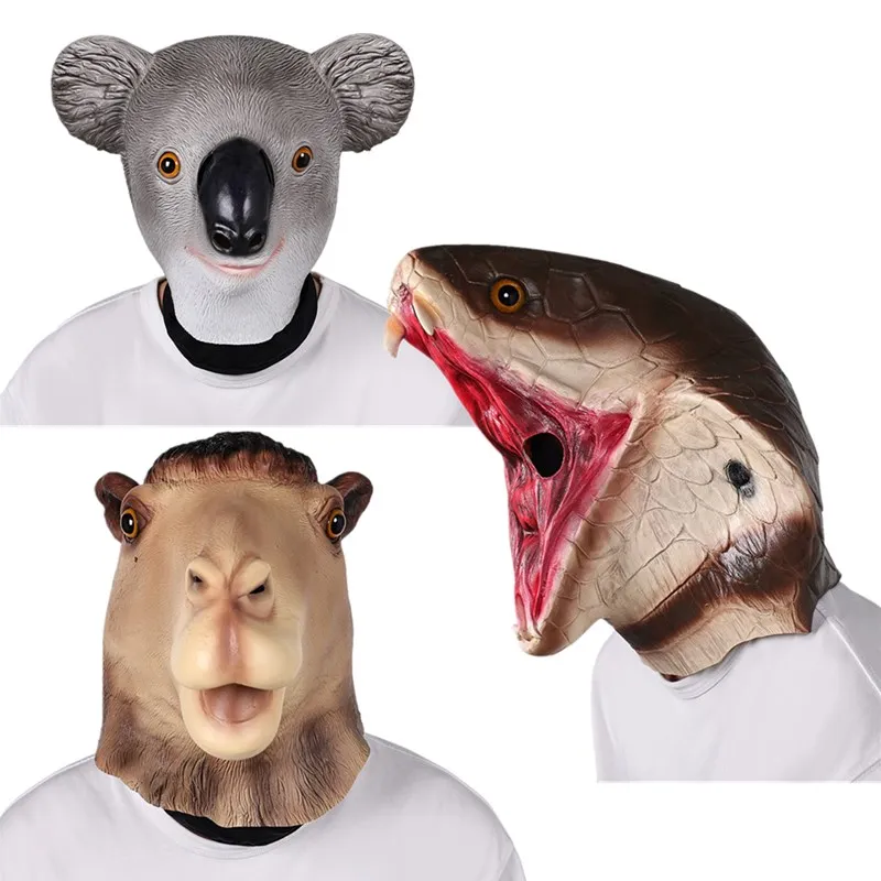 

Adult Cartoon Animal Mask Koala Camel Snake Cosplay Latex Masks Helmet Masquerade Halloween Party Costume Accessories Props