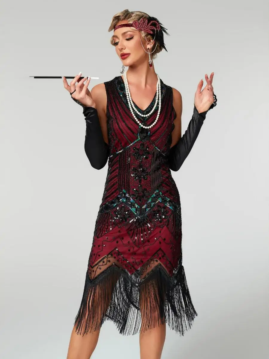 レトロなスパンコールとビーズをあしらった、ファッショナブルなフリンジ付きイブニングガウン、ローウエスト、スカート付き、パフォーマンス用