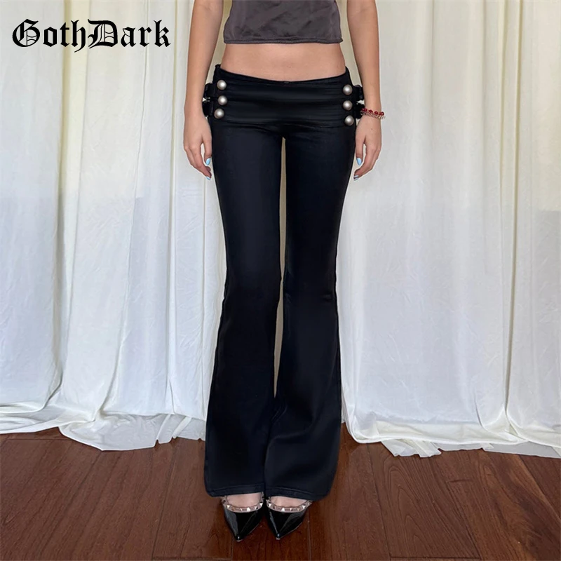 Goth Dark Cyber Y2K Fashion Metal Button Decor Flare Pants Slim Streetwear Mall Gothic Low Waist Zip Trousers Women Casual Pant