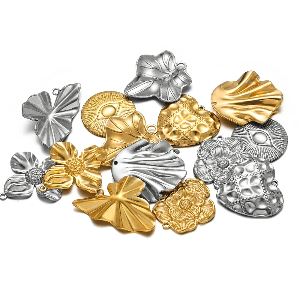 5pcs Stainless Steel 18k Gold Plated Flower Heart Charms Pendant for DIY Jewelry Bracelets Findings Necklace Earrings Making