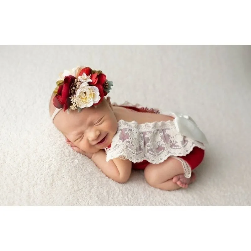 Newborn Christmas Photography Set - Santa Headband-Romper with Red Bow, Complete Baby Girl Photoshoot Costume for Holiday Photos