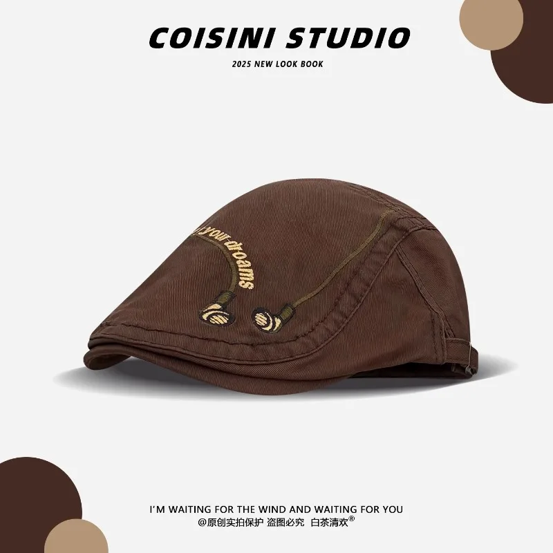 

Japanese Personalized Embroidery Letter Forward Hats Women Summer Autumn Street Trend Versatile Retro Literary Berets for Men