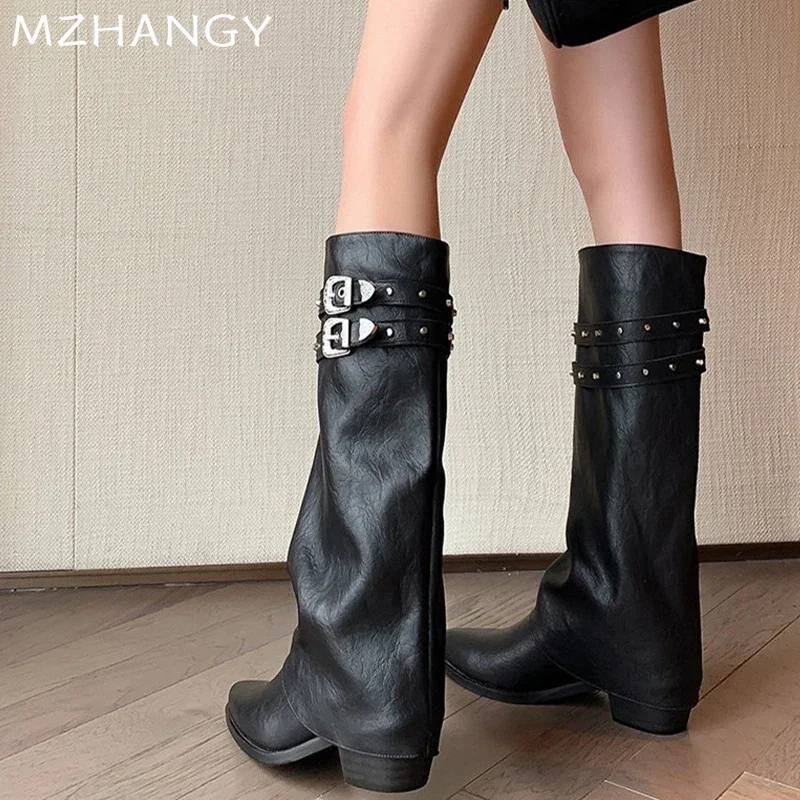 Women Pointed Toe Chelsea Boots Mid Heels Leather High Boots 2024 Winter Designer Fad New Party Sexy Trend Dress Female Botas