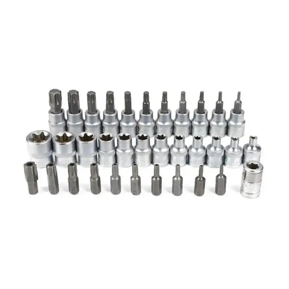 

Набор из 34 бит E-Torx (звездообразные) для мужчин и женщин, с приводами 1/4", 3/8", 1/2", комбинированный инструмент, торцевые головки Torx с ящиком для хранения