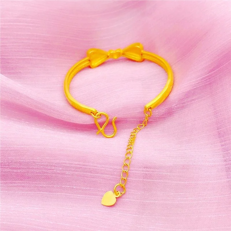 Plated 100% Real Gold 24k 999 Color Bracelet Open Girl Temperament Bowknot Does Pure 18K Jewelry