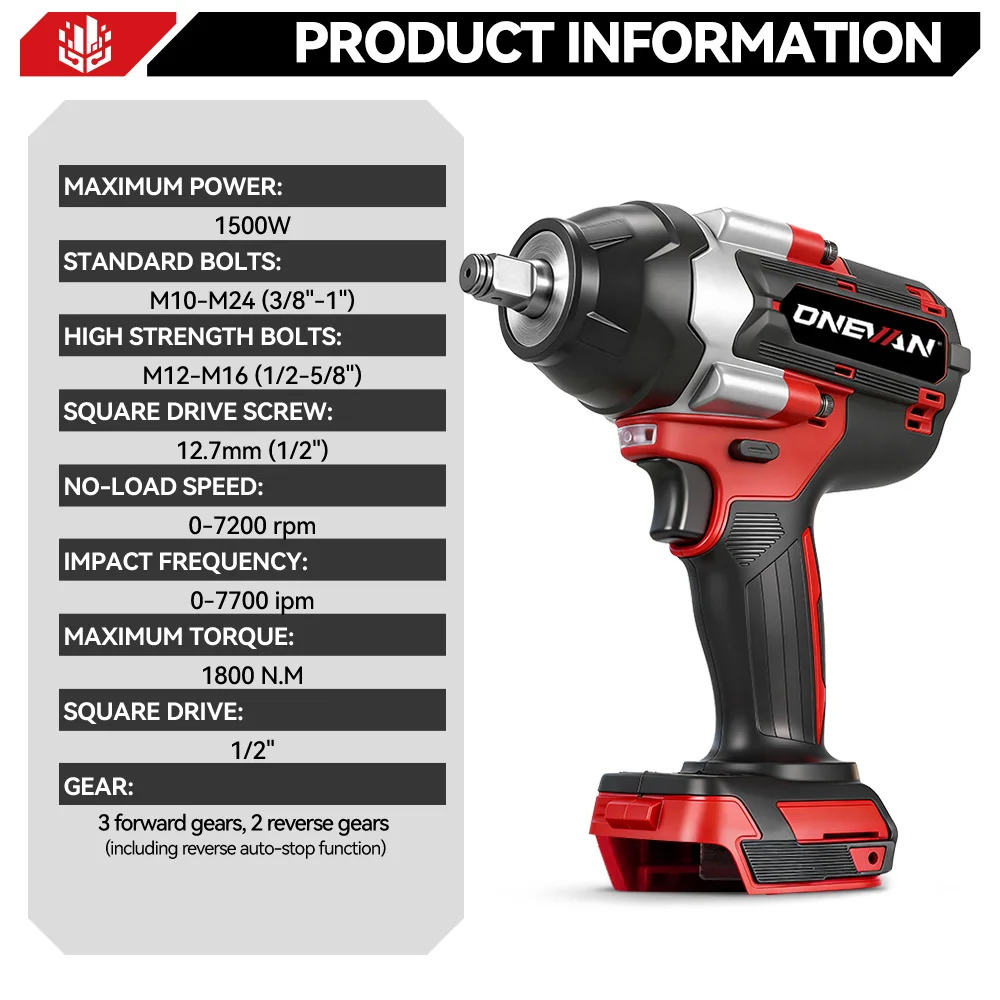 ONEVAN 1800N.M Brushless Electric Impact Wrench 1/2 inch Cordless Wrench Driver Power Tool For Trucks For Makita Battery Pin