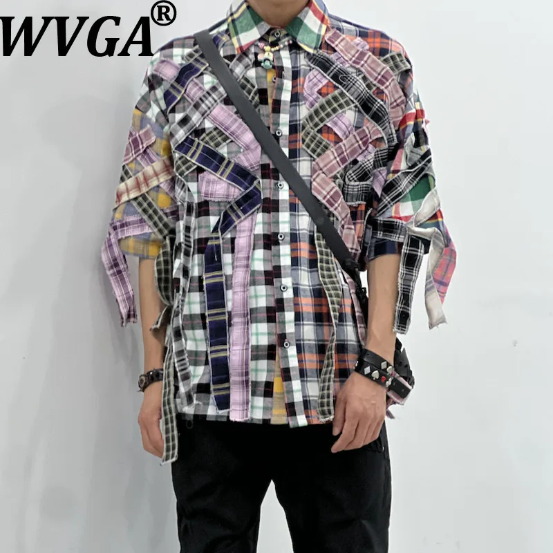 

WVGA Spring Autumn New Man Tide Patchwork Trendy Plaid Short Sleeve Shirt Niche Chic Casual Turn-Down Collar Tops Ins Y2K W12364