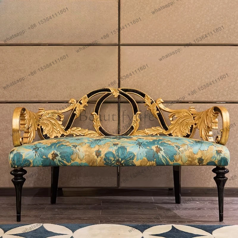 French leather art bed bedside stool neoclassical carved gold shoe changing stool furniture