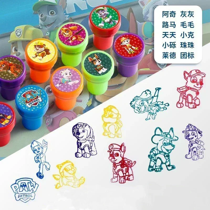 10 pcs Paw Patrol Cartoon Chase Marshall Rubble Skye Action Figures Colorful Pattern Stamp Toys Birthday Party for Baby Gifts