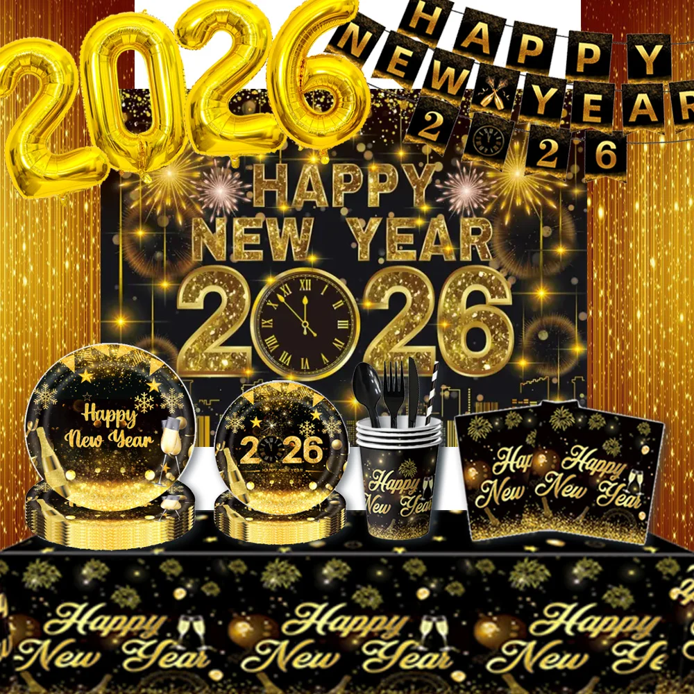 

2026 Happy New Year Eve Party Decorations Black And Gold Disposable Tableware 2026 Number Balloons Family Gathering Backdrop