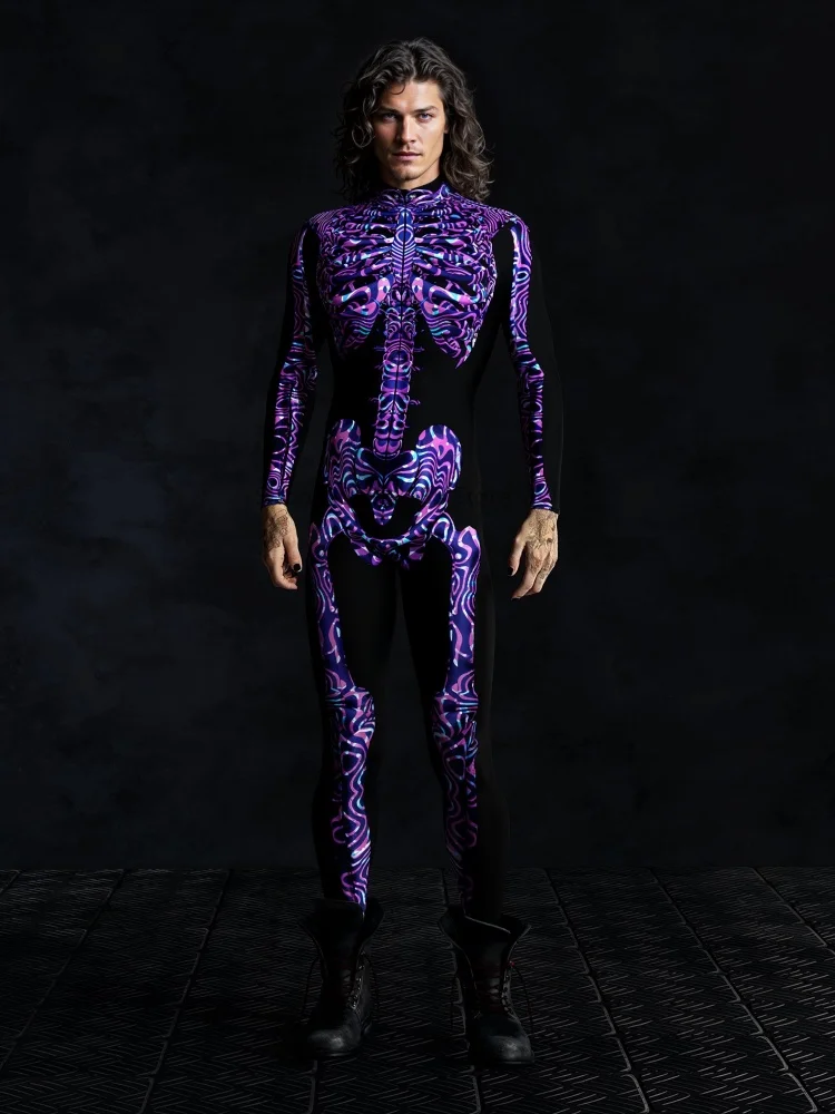 

Purple Skull Print Jumpsuit Halloween Horror Party Zentai Suit Festival Bodysuit Rave Outfit Unique Clothing Masquerade Catsuit