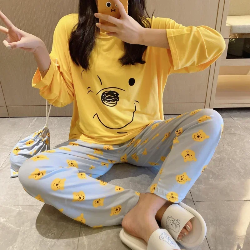 Disney outono novo winnie the pooh pijamas femininos algodão calças de manga comprida conjunto de duas peças pijamas de seda conjunto de loungewear