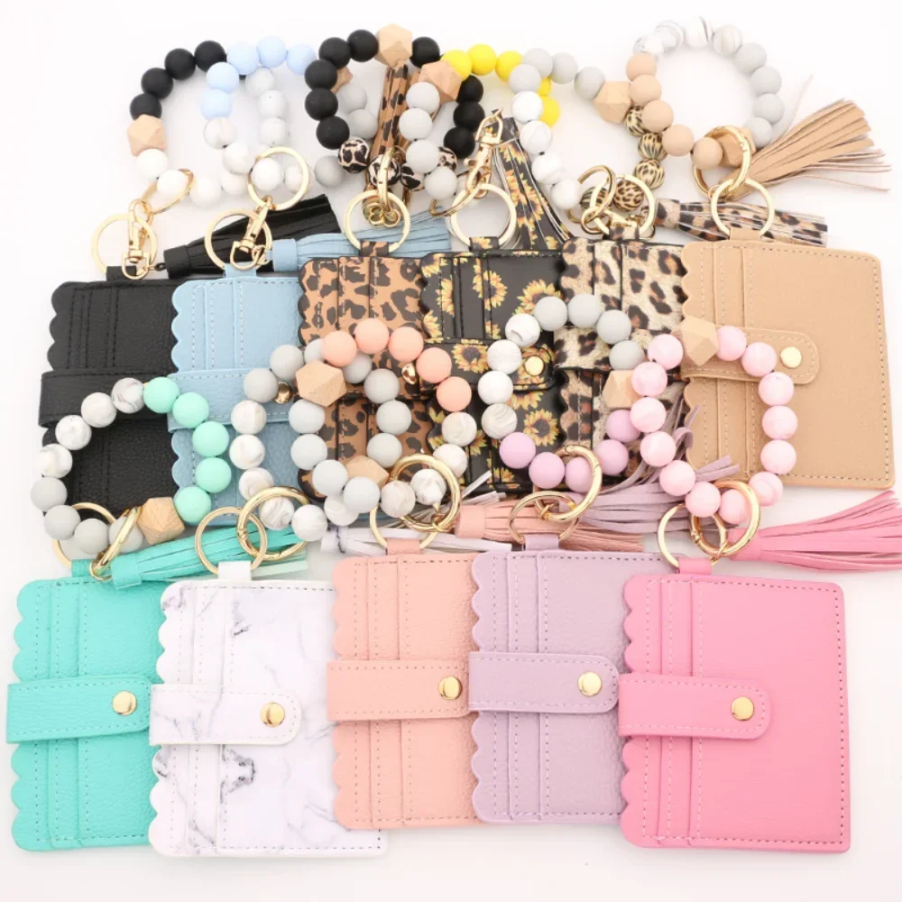 Fashion Leopard PU Leather Beaded Bags Women Bracelets Card Holder Female Business Card Case Vintage Wristband Key Chain