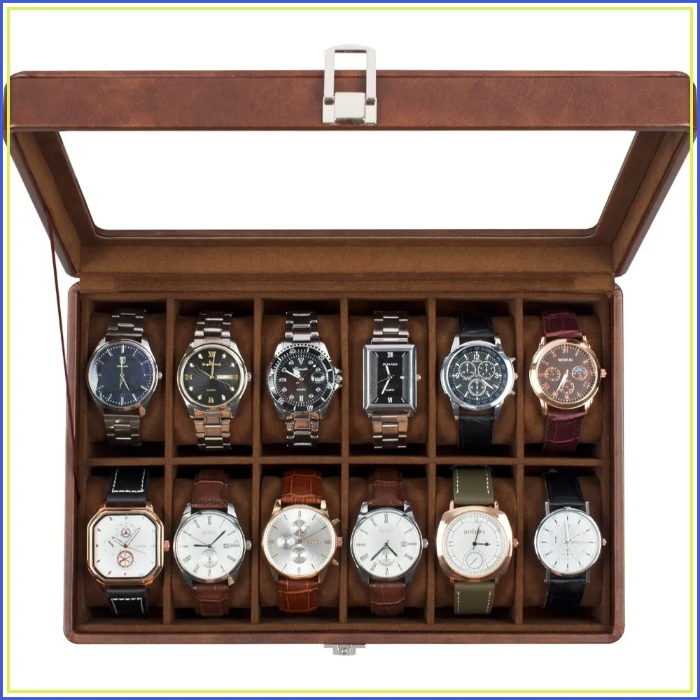 12 Slot Watch Box with Large Real Glass Lid, Brown Retro Synthetic Leather Display
