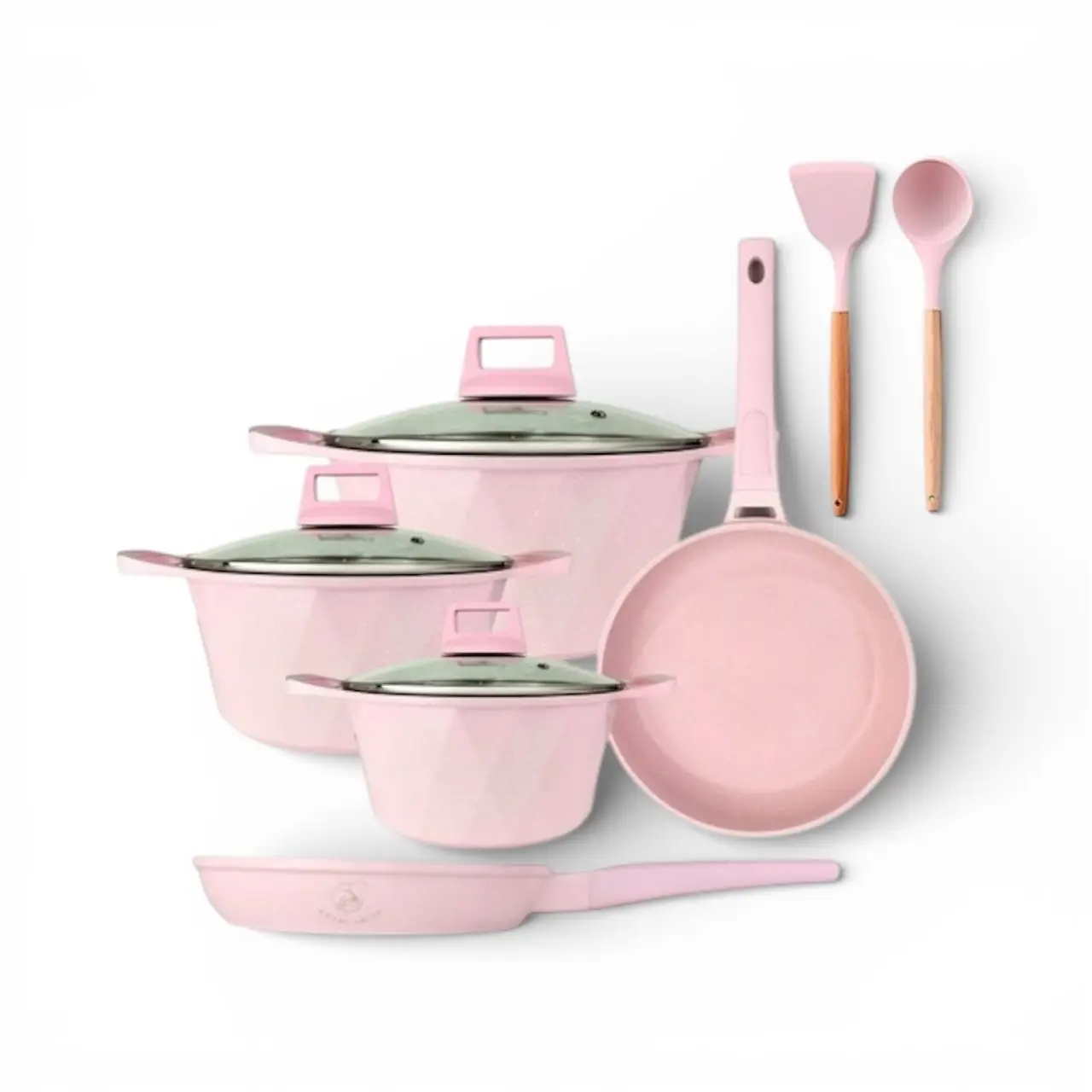 Batería De Cocina Rosa 12 Piezas – Antiadherente De Mármol, Tapas De Vidrio Templado, Apta Para Todo Tipo De Cocina, Incluye Sartenes, Utensilios Y Protectores