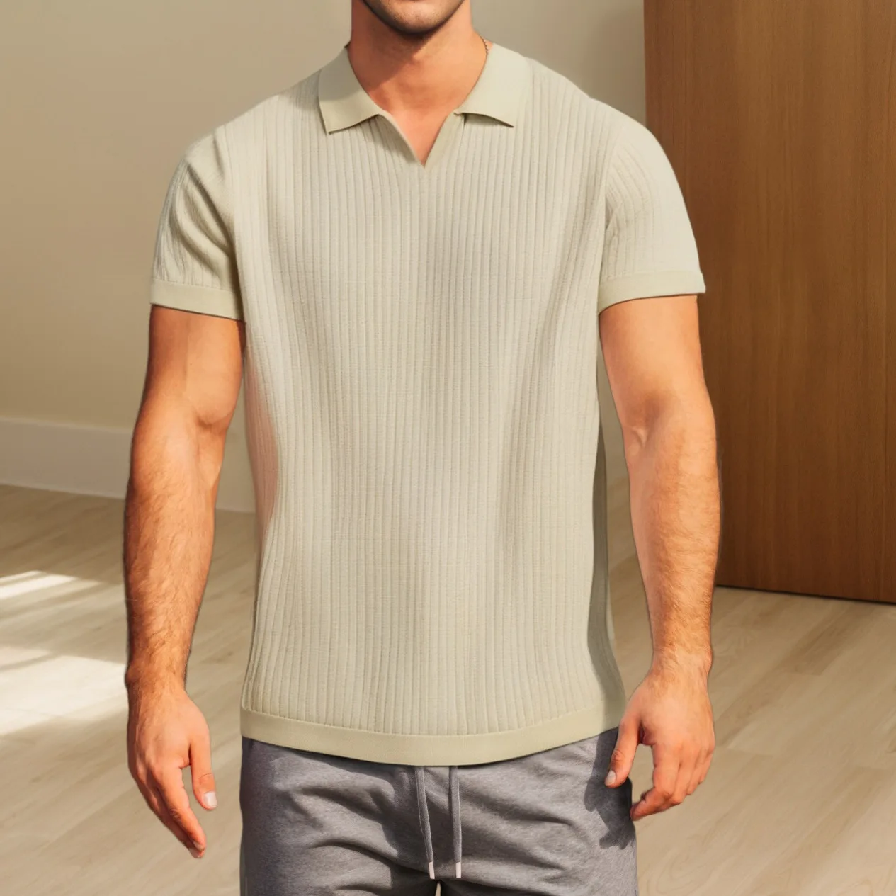 

Men's Summer Polo Shirt Short Sleeve V-neck Lapel Striped Knit Slim Fit Fashionable Korean Style Casual
