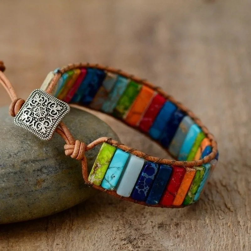 Pulseira de couro ajustável para mulheres e homens, gema natural multicolorida, cigana tibetana, pérolas de ansiedade curativas, ioga meditação jóias