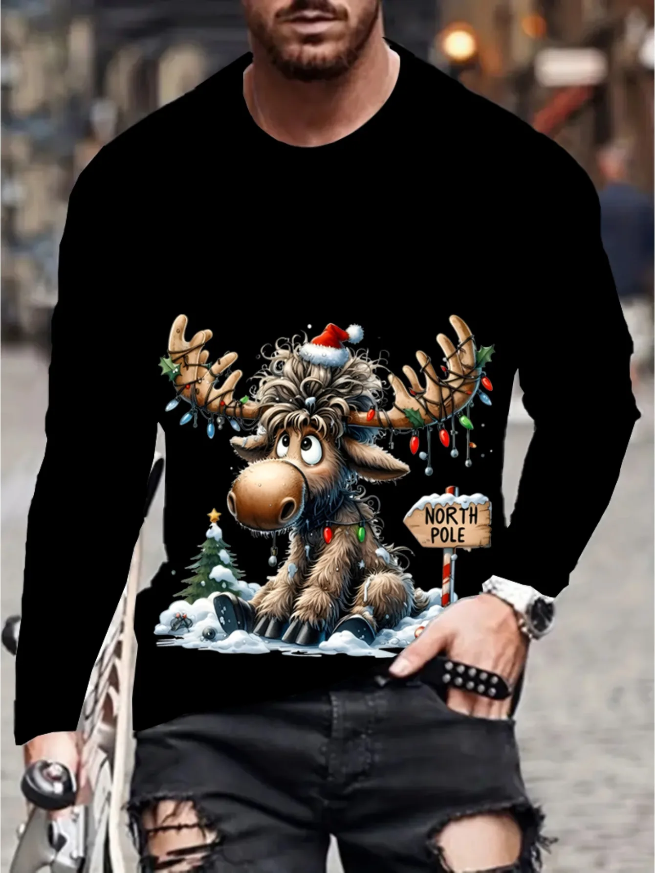 Men Unisex Christmas Reindeer Santa Long Sleeve Shirt
