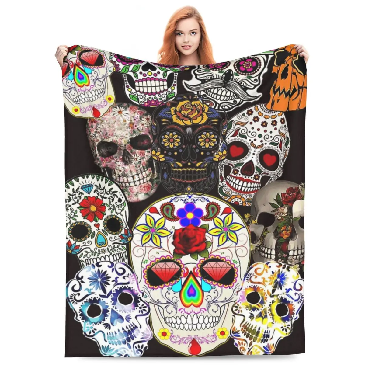 

Calaveras Sugar Skull Blanket Flannel Sofa Throw Blanket Warm Throw Blankets for Home Bedroom Travel Throws Bedspread Quilt