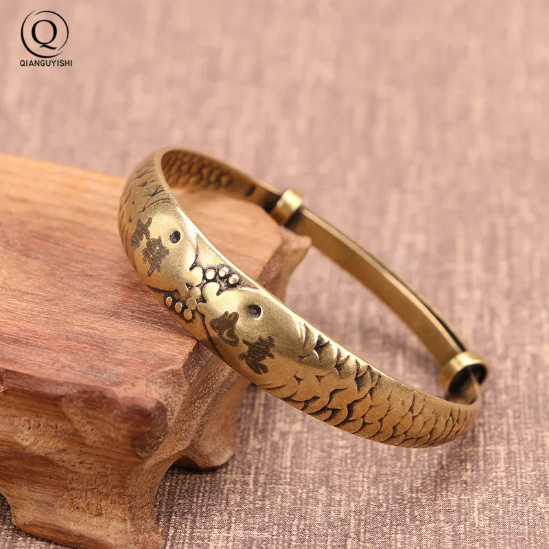 Retro Brass Pisces lucky Pattern Princess Bangle Classic Pure Copper Openable Bracelet Ancient Women Wristband Valentines Gifts