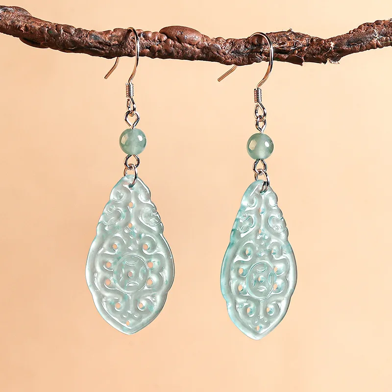 

New natural A-grade jade blue water double dragon hollow earrings S925 silver ice earrings antique style earrings for women