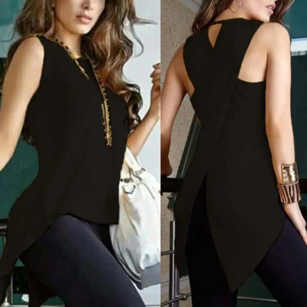 New Women Summer Fashion Solid Color Sleeveless Irregular Cross Back Vest Tank Top - Image 4