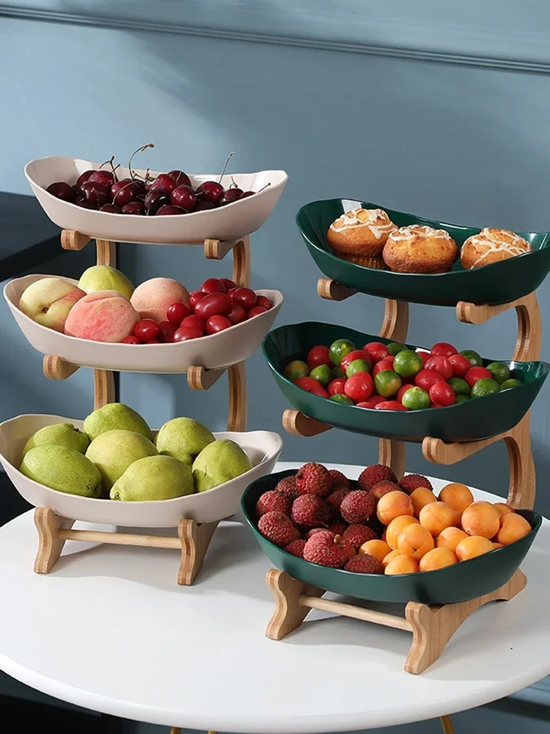 Plastic Fruit Plates with Wood Holder: 2/3 Tiers Serving Bowls, Party Food Server, Display Stand for Fruits and Candy