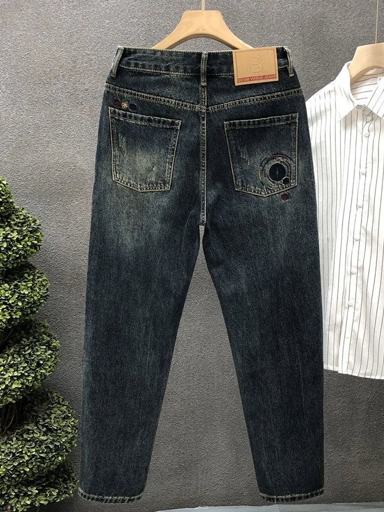 Spring and Autumn Fashion Trend Printed Straight-Leg Stretch Denim Jeans Men's Casual Comfortable Sports High-Quality Trousers