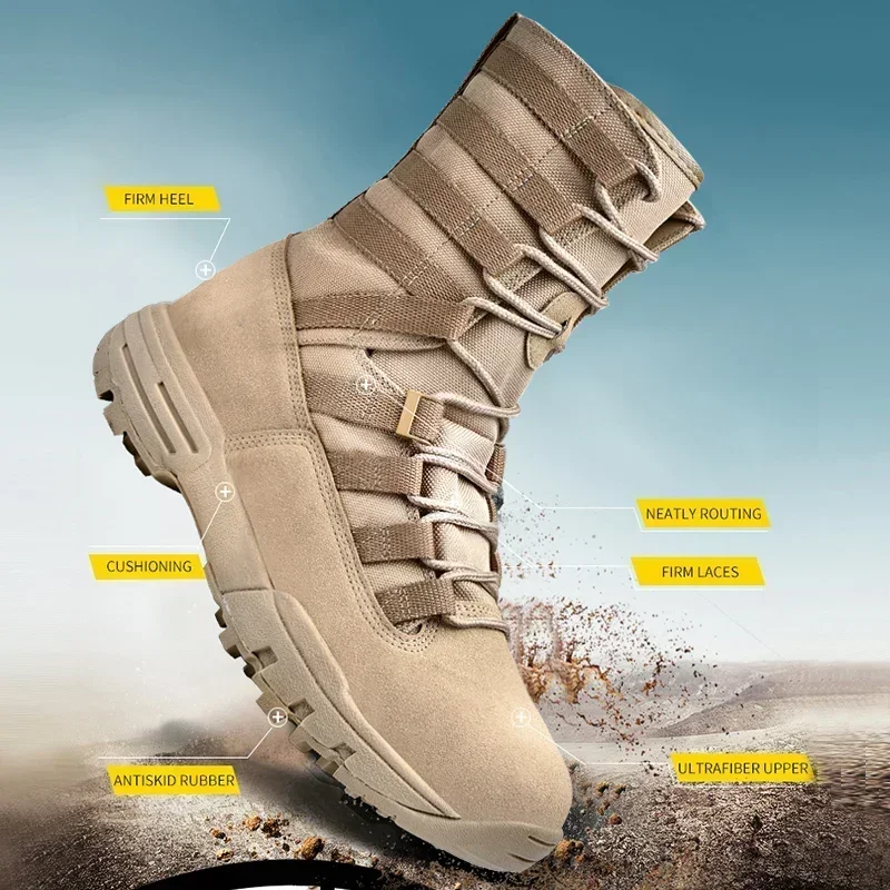 Bota masculina com renda no meio da panturrilha, tênis de cano alto, sapato de trabalho, esporte ao ar livre, deserto