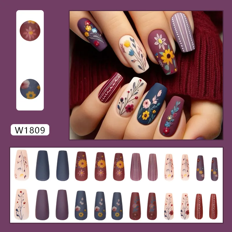 24Pcs Autumn Winter Matte Ballerina False Nails with Glue Grass Leaf Printing Nail Art Simple Full Cover Press on Acrylic Nails