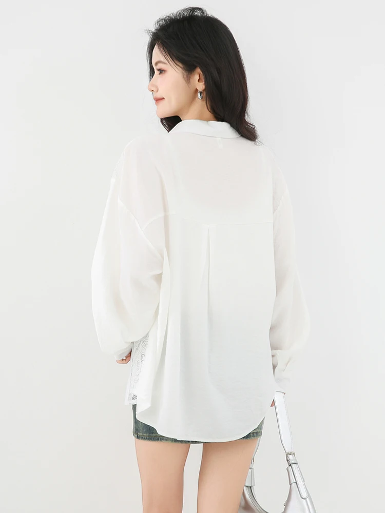 2025 sommer Weiß aushöhlen Spitze hemd Frauen Mode Patchwork langarm bluse Oversize tops Vintage INKEO 5T 077