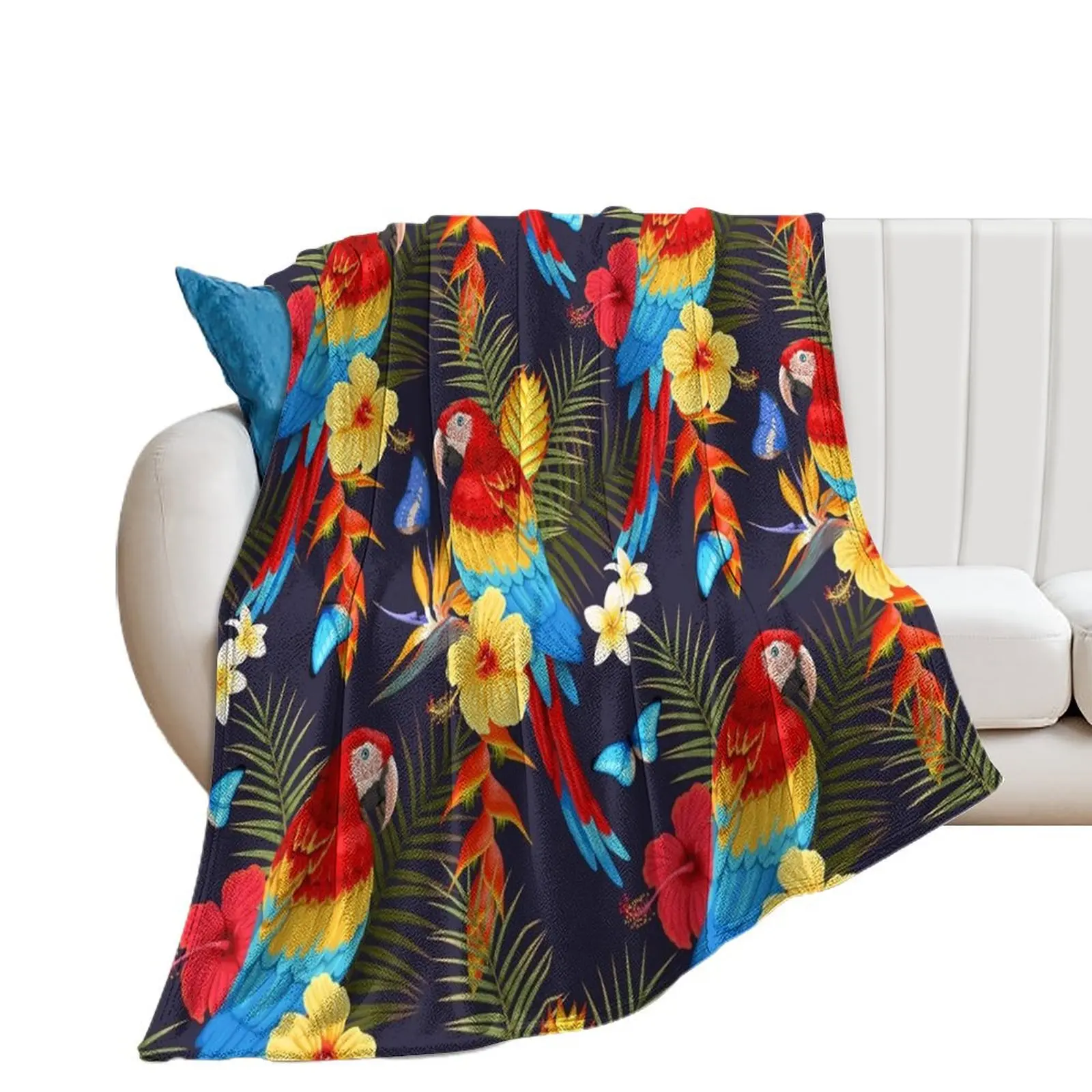 Wild Macaws Painting (Black) - Exotic Tropical Birds - Colorful Parrots Throw Blanket Quilt Single Blankets