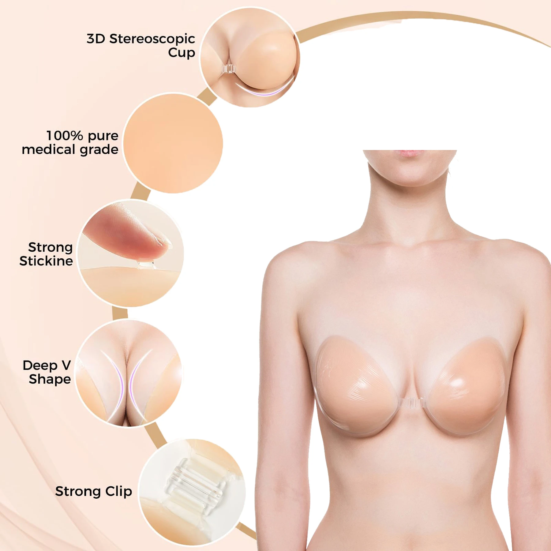 Sticky Bra Push Up Adhesive Bras Ultra-thin Reusable Invisible Silicone Strapless Bra Skin Color for Women with Nipple Covers image 3