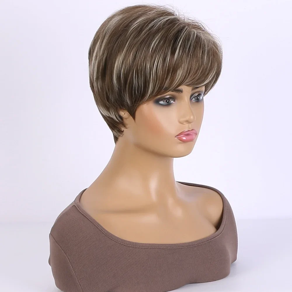Peruca reta curta sintética com franja para mulheres, perucas castanhas misturadas naturais, fibra resistente ao calor, uso diário