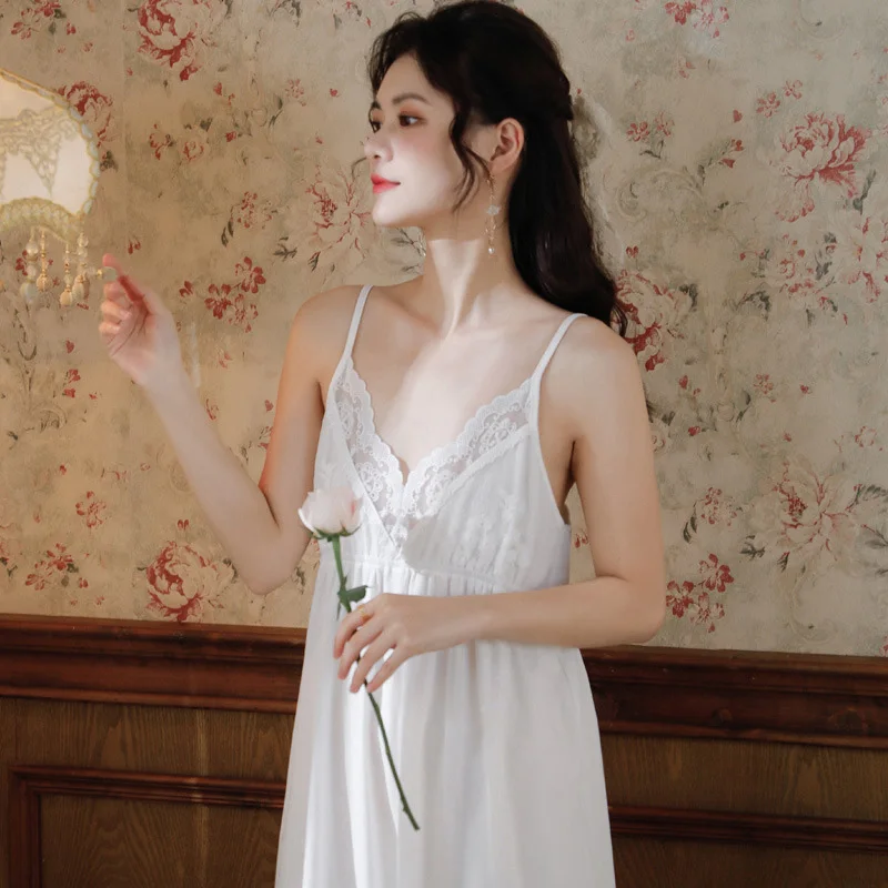 

Women's Summer Cotton Vintage Sleepwear Sexy Long Dresses Lace Princess Pajamas Embroidered Nightgowns with Chest Pads