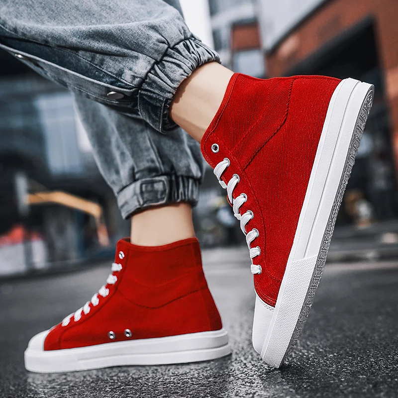 Unisex Canvas Shoes Women\'s High Top Vulcanized Shoes Size 35-44 Fashion Flat Casual Shoes Yellow Red Sneaker Woman Zapatillas