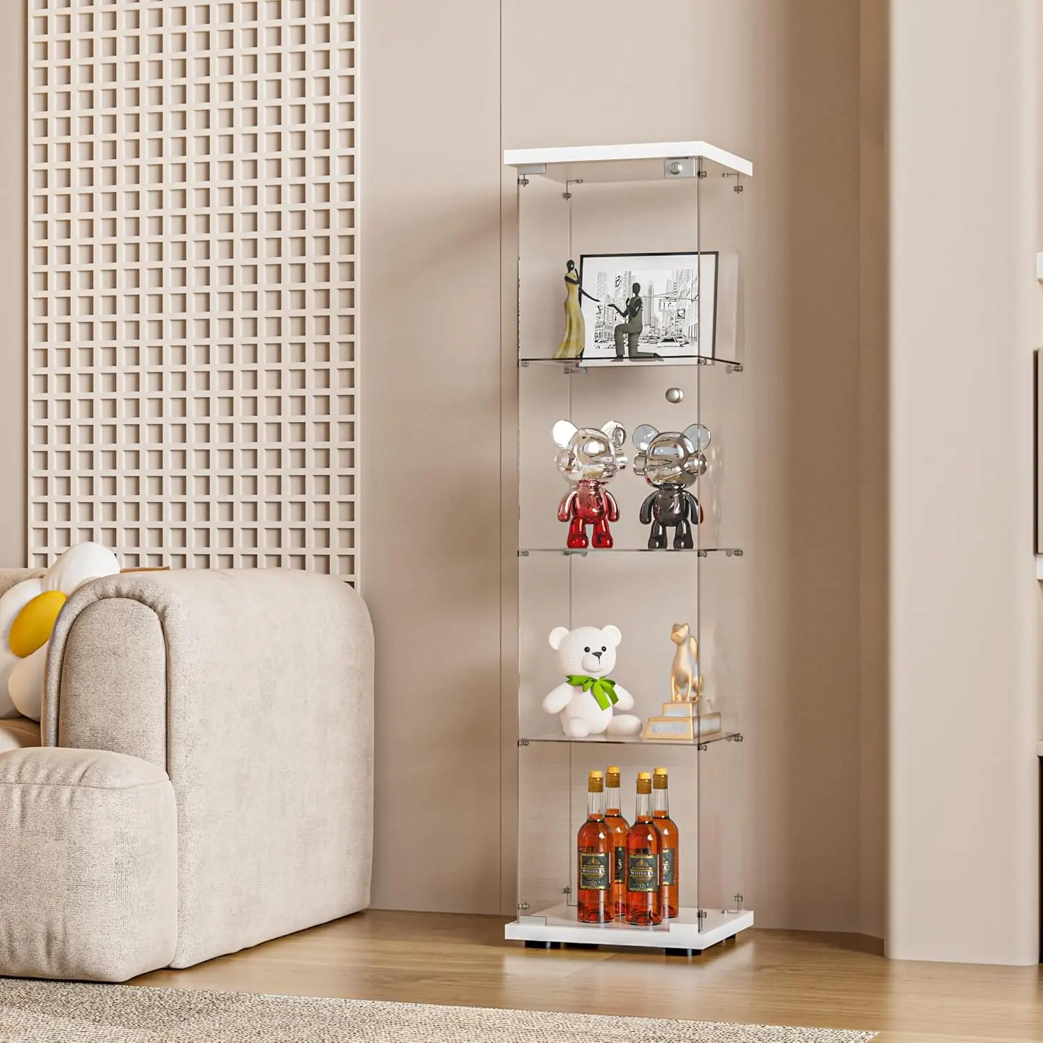 

Glass Display Cabinet with Door and Lock, Quick-Install Style 4-Shelf Curio Cabinet 5mm Tempered Glass Floor Standing