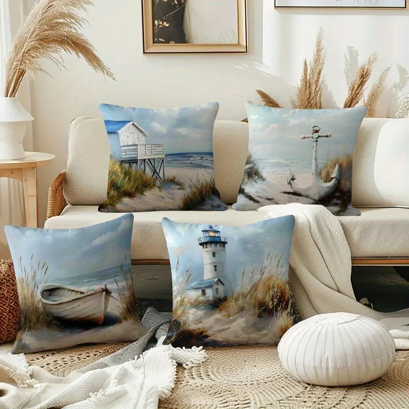 4pcs Coastal Charm Throw Pillow Covers - Lighthouse, Sailboat & Sandy Beach Design, Zippered, Machine Washable Polyester - Ideal