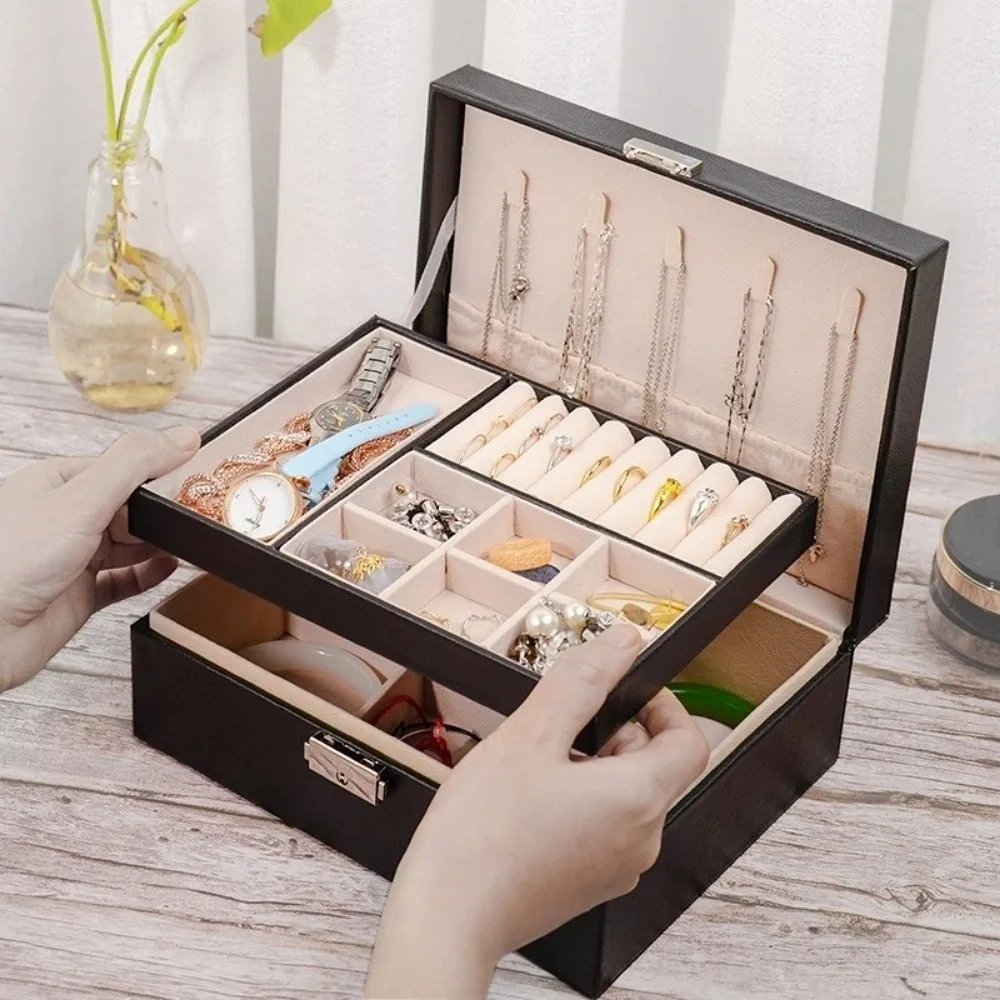 

2 Layer Double-layer Jewelry Box PU Leather Elegant Necklace Earring Box Dustproof with Lock Jewelry Display Case Bedroom