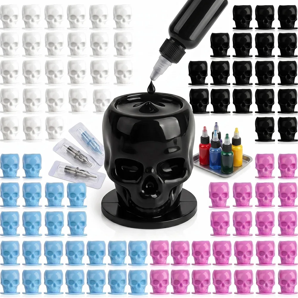 200/100/50pcs Skull Tattoo Ink Cups With Base Disposable Tattoo Ink Caps Permanent Makeup Pigment Holder Container Tattoo Supply