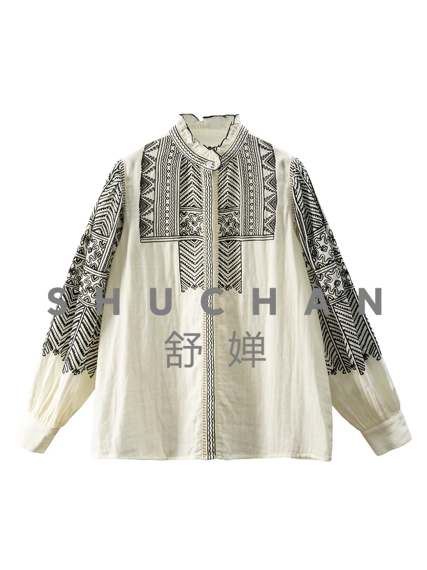 

Boemian 100 Pure Coont Fungus Ege Stand-up Neck Embroiere Shirt Women 19K0 Blusas Femininas Elegantes