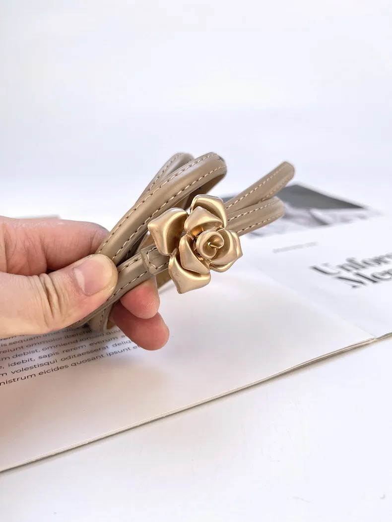 New leather women's thin belt women's flower waist thin cowhide with sweater dress belts for women luxury designer brand