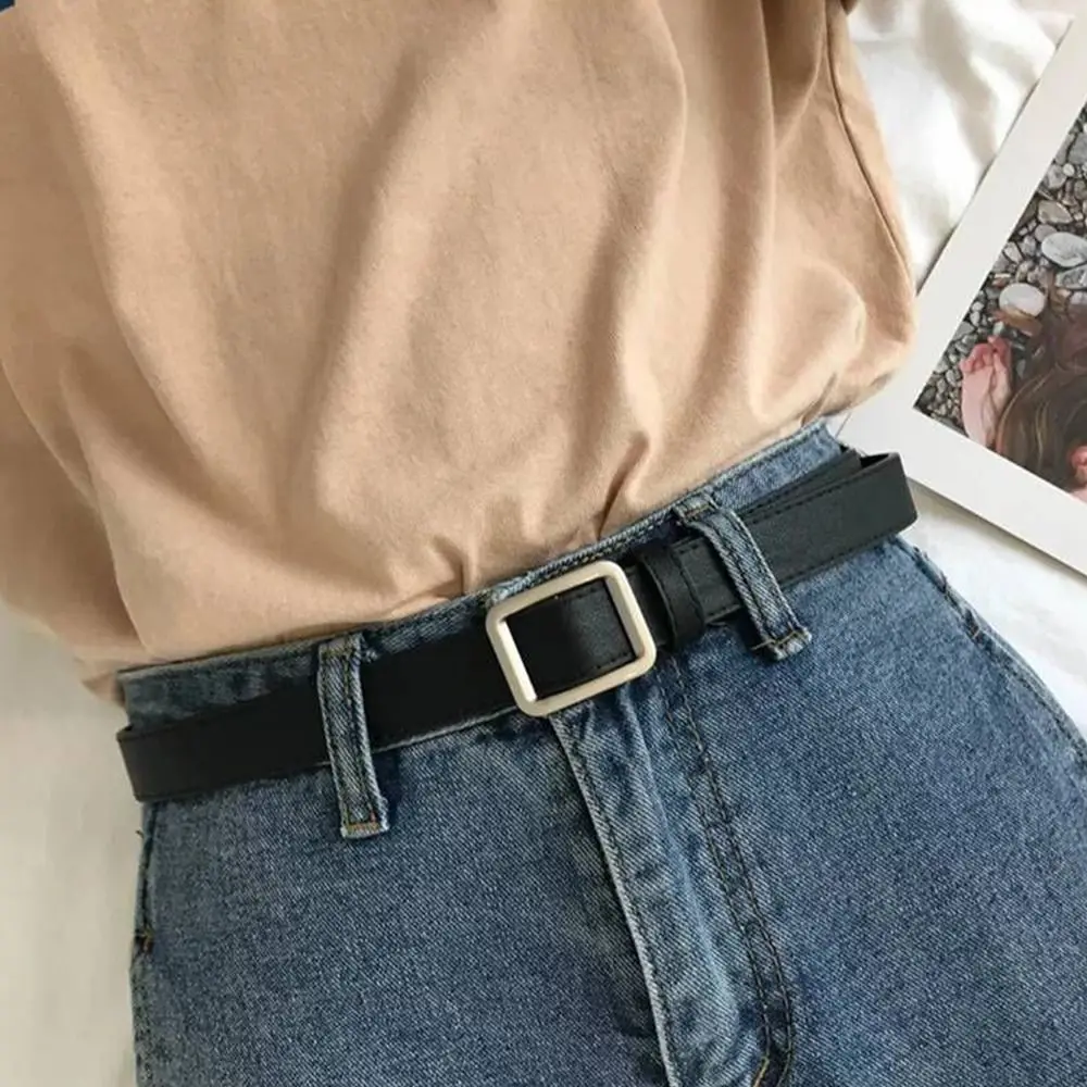 Retro Thin Waist Strap Fashion Trouser Dress Belts Non-porous Square Buckle Jeans Black Belt Camping Strap Female Waistband