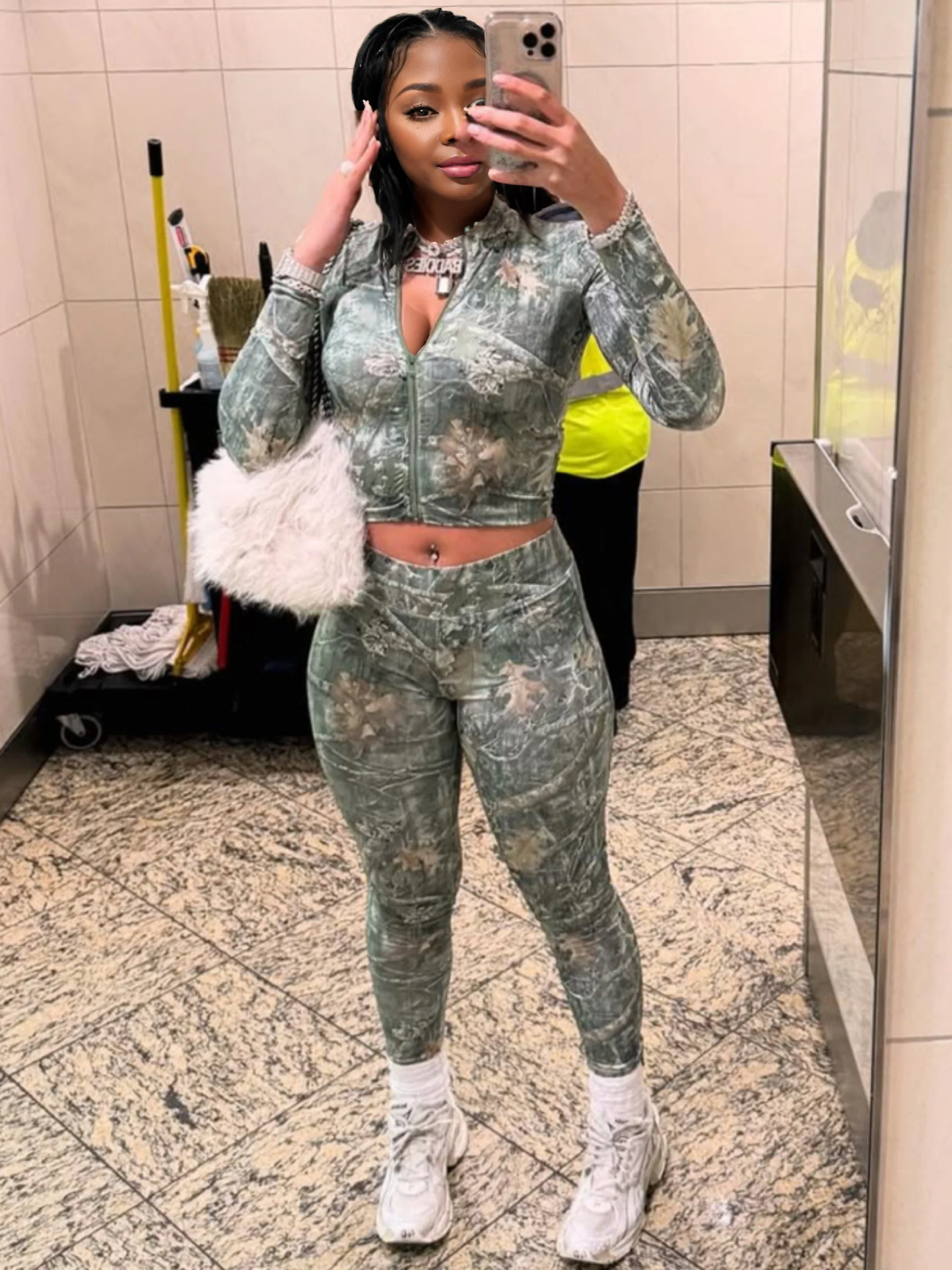 Cutenew Women Tracksuit Chic Twig Print Two Piece Set Tight Stretch Full Sleeve Crop Jacket+Leggings Matching Streetwear Outfits