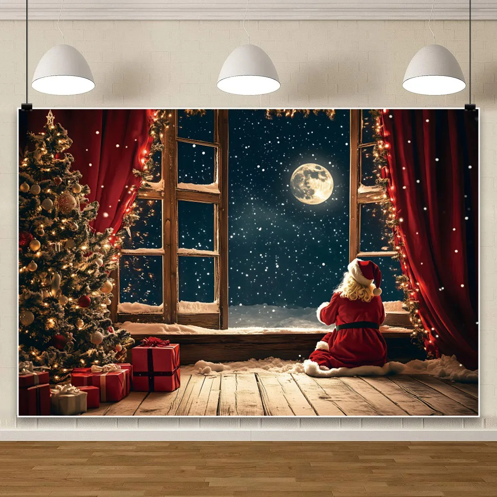 Christmas Backdrop 2024 Winter Window Xmas Tree Snowy Night Teddy Bear Christmas Canvas Photography Background Photo Studio Prop