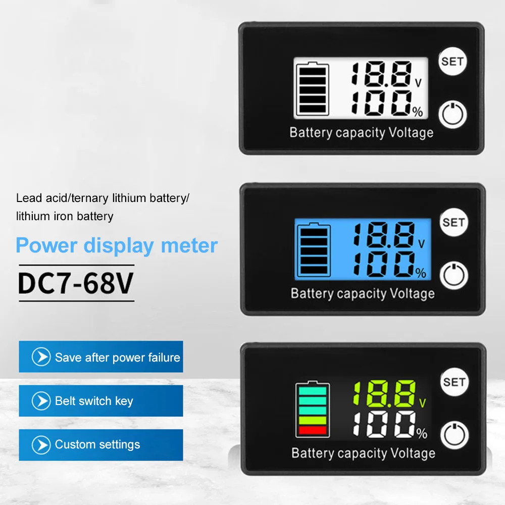 Indicateur de capacité de batterie 12V, 24V, 48V, DC 7V-68V, plomb-acide, lithium veFePO4, voiture, moto, voltmètre, jauge de tension, testeur