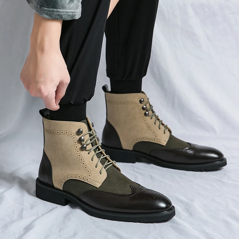 Fashion Men Short Boots Stitching Suede Leather Brogue Carving Classic Casual Ankle Boots Social Business Wedding Dress Shoes image 4