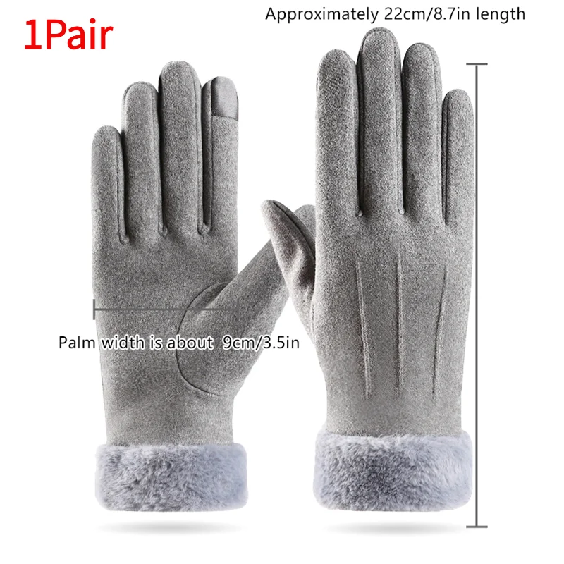 #Autumn Winter Warm Suede Gloves Plus Velvet Thickened Plush Decor Cuff Gloves Outdoor Coldproof Touchscreen Riding Ski Gloves