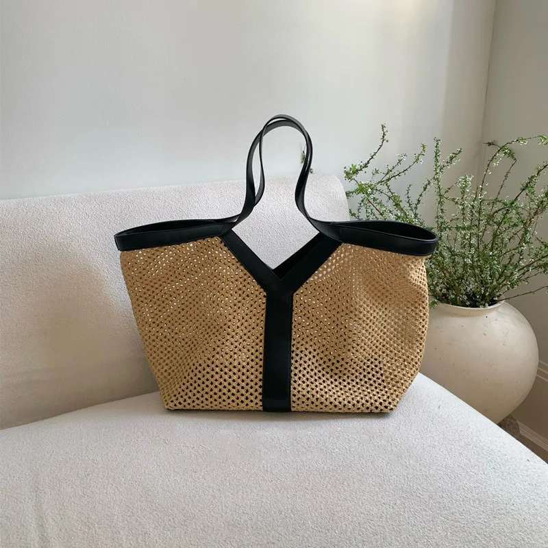 Brand Luxury Designer New Y-shaped Straw Tote Bag Large Capacity Shopping Bag Beach Bag Shoulder Underarm Bag Woven Women's Bag